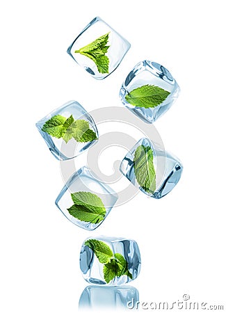 Ice cubes with green mint leaves Stock Photo