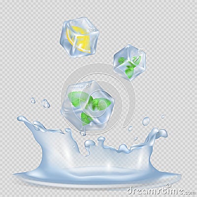 Ice Cubes with Mint Leaves and Lemon Illustration Vector Illustration