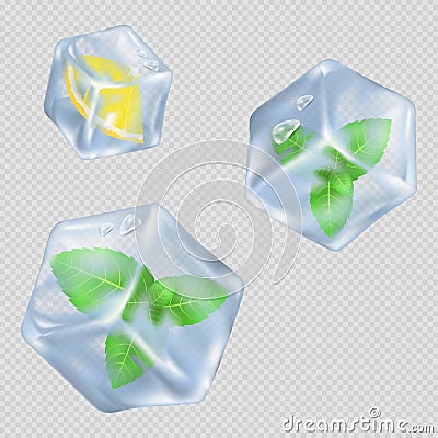 Ice Cubes with Mint Leaves and Lemon Illustration Vector Illustration
