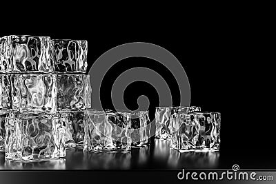 Ice cubes stacked each other with black background, 3d rendering Cartoon Illustration