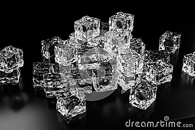 Ice cubes stacked each other with black background, 3d rendering Cartoon Illustration