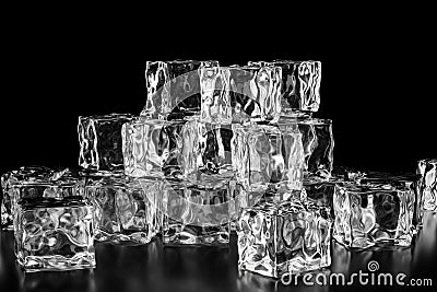 Ice cubes stacked each other with black background, 3d rendering Cartoon Illustration