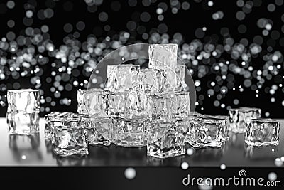 Ice cubes stacked each other with black background, 3d rendering Cartoon Illustration