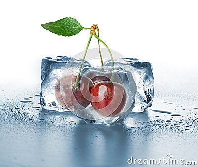 ice cubes and sweet cherry Stock Photo