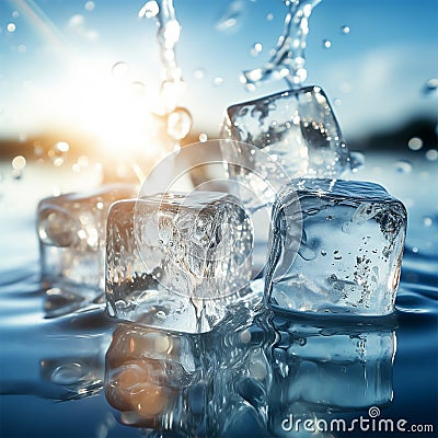 Ice cubes with water splash, water backgrounds, macro, detailed close up generated by AI Stock Photo