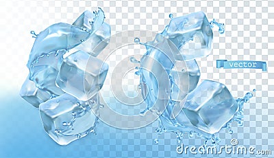 Ice cubes and water splash. 3d vector Vector Illustration