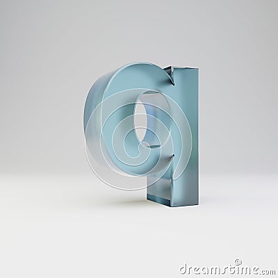 Ice 3d letter Q lowercase. Transparent ice font with glossy reflections and shadow isolated on white background Stock Photo