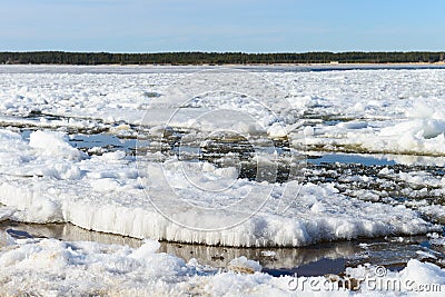 Ice drift on a wide river on a Sunny spring Stock Photo