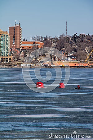 Ice Fishing Huts On Kempenfelt Bay In Barrie, Ontario Editorial Stock Photo