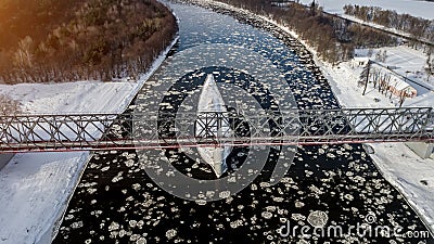 Ice floes floating on the river. bird`s eye view Stock Photo