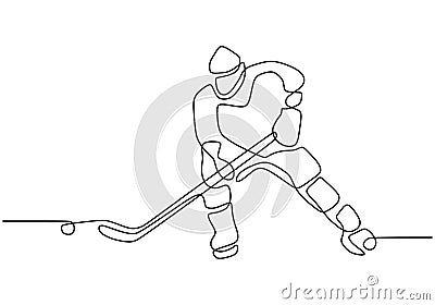 Ice hockey athlete player. One continuous line drawing minimalism person with stick playing winter game sport Vector Illustration