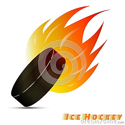 Ice hockey ball with red orange yellow tone fire in the white background. sport ball logo design. Hockey logo. vector. Vector Illustration