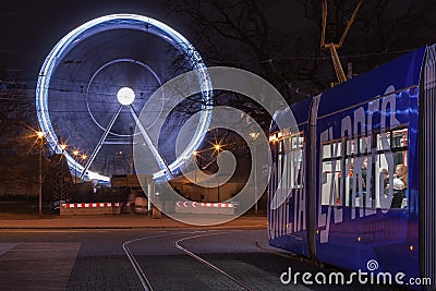 Ice hockey club tram, market and christmas wheel at Moravian square Editorial Stock Photo