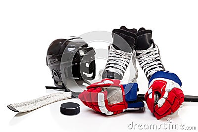 Ice Hockey Equipment Isolated on White Background Stock Photo