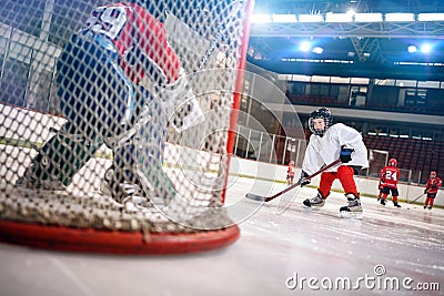 Ice hockey player shoots the puck on goal Stock Photo