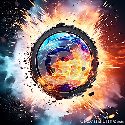 Ice Hockey Puck Exploding by Elements - Fire and Water Background for Sports Tournament Poster or Playbill Stock Photo