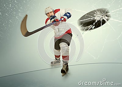 Ice hockey puck hit the opponent visor Stock Photo