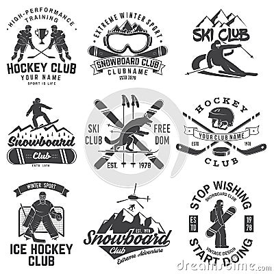 Ice Hockey, Ski and Snowboard Club emblem. Vector. Concept for shirt, print, stamp, badge. Vintage typography design Vector Illustration