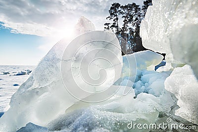 Ice hummocks on the frozen lake Stock Photo