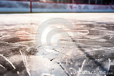 Ice on the ice of a frozen sports arena. Winter background, Close up of ice in hockey rink, AI Generated Stock Photo