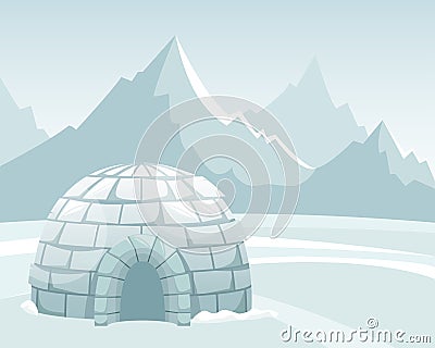 Ice igloo in the field against the mountains. Winter Northern landscape. The life of the Inuit Vector Illustration