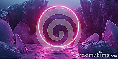 Ice Illuminated With Neon Magenta Light Ring On Dark Round Frame Stock Photo