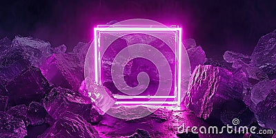 Ice Illuminated With Neon Magenta Light Square On Dark Square Frame Stock Photo