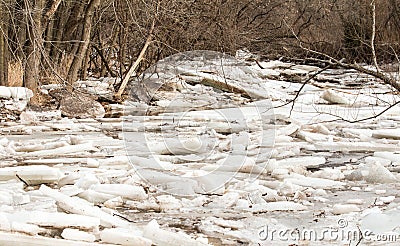 Icy Destruction, Ice Jam on River Stock Photo