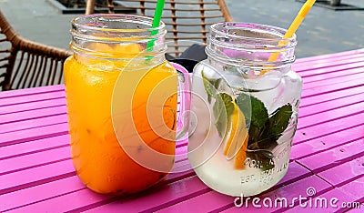 Ice, lemonade. Mint. Lemon, lemonade. Mango. Mojito. Ukraine Stock Photo