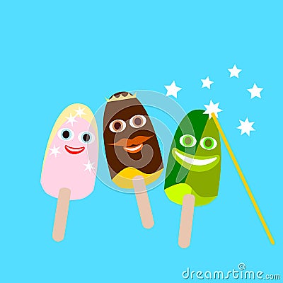 Ice lollies in fairy tale style on soft blue background Vector Illustration