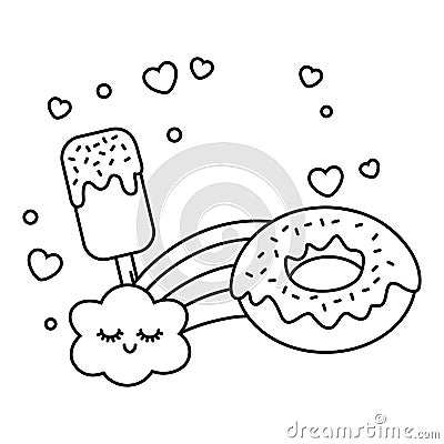 Ice lolly donut and rainbow black and white Vector Illustration