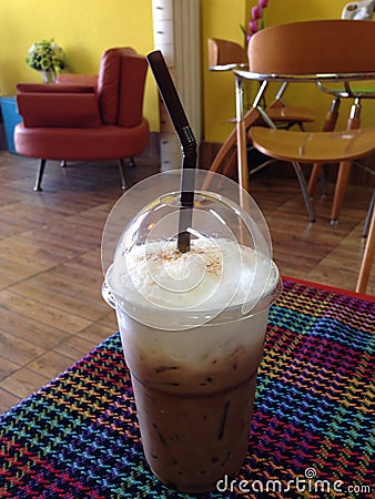 Ice mocha coffee in glassware chairs background Stock Photo