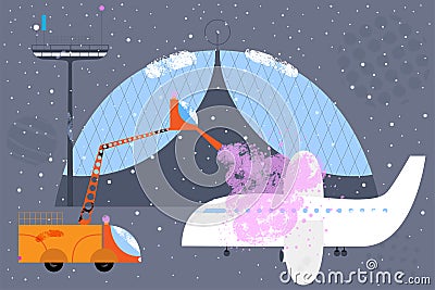 Ice removal concept. Defrost on airplane. Winter landscape of the airport. Vector Illustration