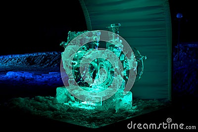 Ice sculpture of sewing machine lights in the night Editorial Stock Photo