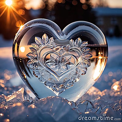 Ice sculpture in shape of heart, frozen, cold, a romantic symbol to celebrate romance, love and Valentine's day Stock Photo