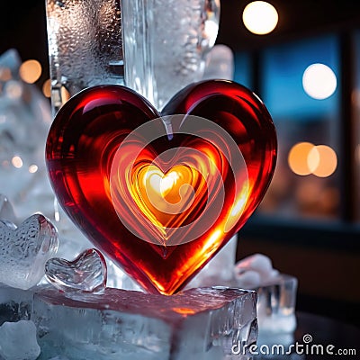 Ice sculpture in shape of heart, frozen, cold, a romantic symbol to celebrate romance, love and Valentine's day Stock Photo