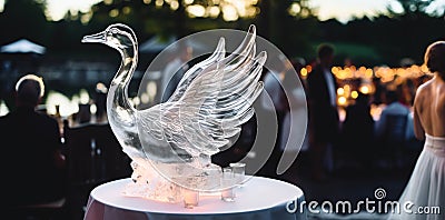 A ice sculpture of a swan spreading it's wings, a ornament centrepiece at a wedding reception Stock Photo