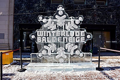 Ice sculpture of Winterlude logo in Ottawa, Canada Editorial Stock Photo
