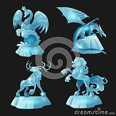 Ice sculptures of horse, dragon, swan and deer Vector Illustration