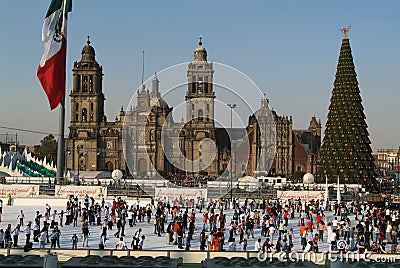 Ice skaters in front of cathedral Metropolitana, M Editorial Stock Photo