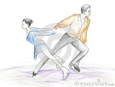Ice skaters - watercolour Cartoon Illustration