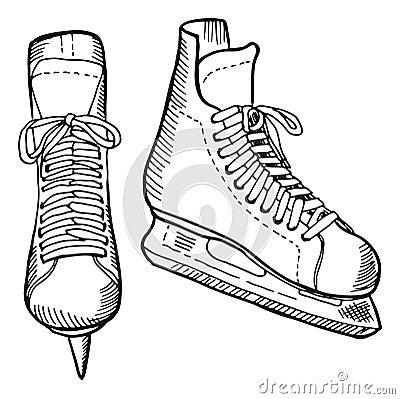 Ice skates drawing. Boots with sharp blades in hand drawn style Vector Illustration