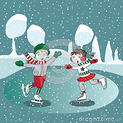 Ice skating kids in the winter. Vector illustration on turquoise background Vector Illustration