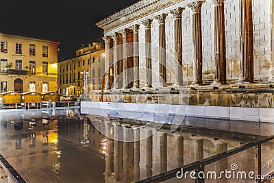 Ice Skating Rink Maison Caree Roman Temple Night Nimes Gard France Editorial Stock Photo