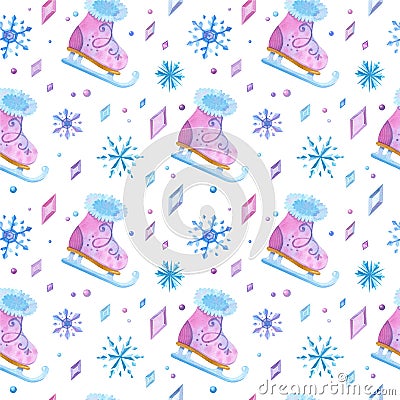 Ice skating shoes hand drawn seamless pattern. Stock Photo