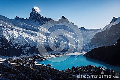 Ice- and snow-covered shores of clean mountain lake Stock Photo