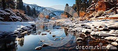 Ice Snow Rocky Mountain, Creek River Mount Peak Hill Nature Landscape Stock Photo