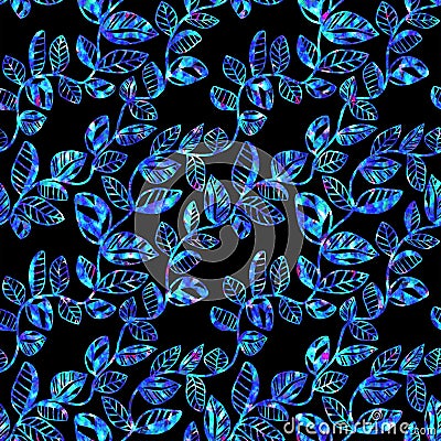 Frozen blue abstract curved plants on black seamless pattern. Stock Photo