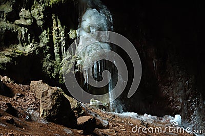 Ice stalactites in cave Bolshoy Buzuluk,Ukraine Stock Photo