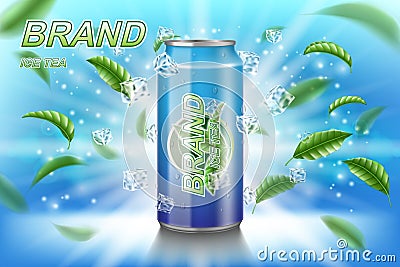 Ice tea label ads with green leaves on blue background. Package design tea drink with ice cubes for poster or banner Vector Illustration